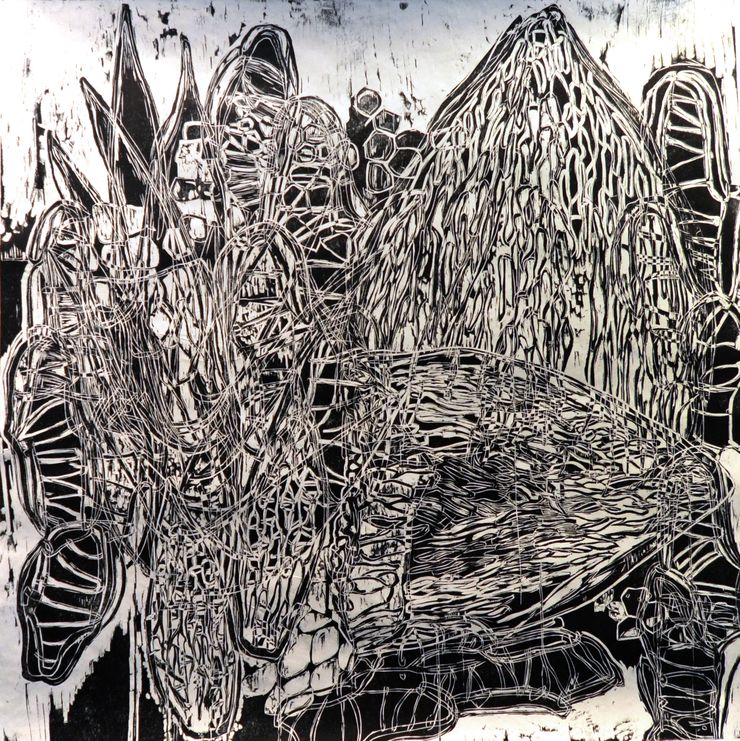 <b>Sphagnum Moss Microscopy I, 36x36”, 2022, Woodcut, Ink on Paper</b></br>To me, a square format feels inherently abstract—neither a traditional landscape nor portrait orientation. In this series of six oversized square woodcuts, I embraced abstract elements of line, shape, value, pattern, and graphic flatness while drawing inspiration from various <em>Sphagnum</em> species (<em>S. angustifolium, S. divinum, S. capillifolium</em>). This first woodcut explores the intricate patterns of stem leaves and the spiral wall thickenings (fibrils) surrounding hyaline cells. 